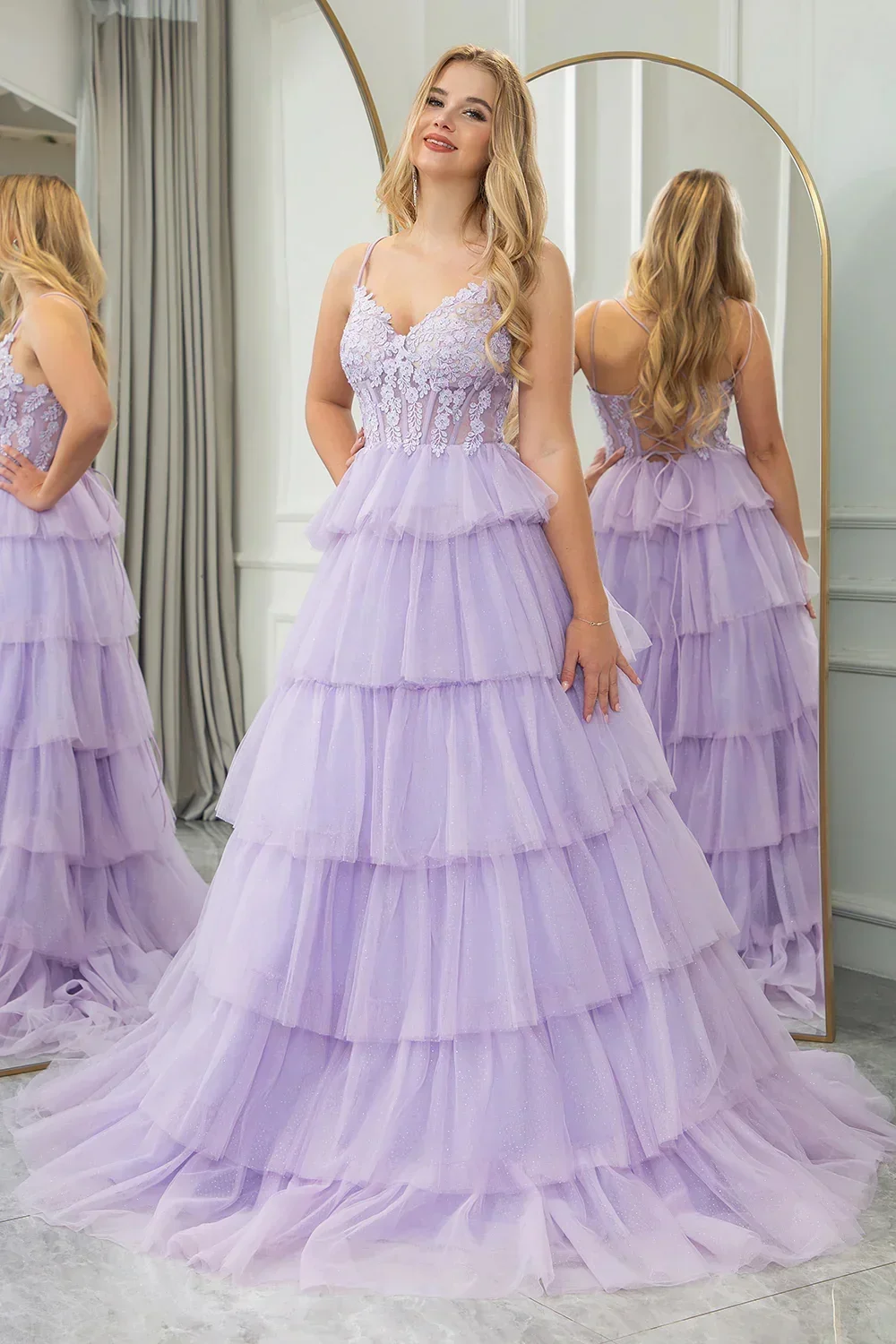 Abiti da sera personalizzati color lavanda con applicazioni in pizzo tulle abiti da ballo a trapezio eleganti senza maniche lunghi fino al pavimento da sera formale 20