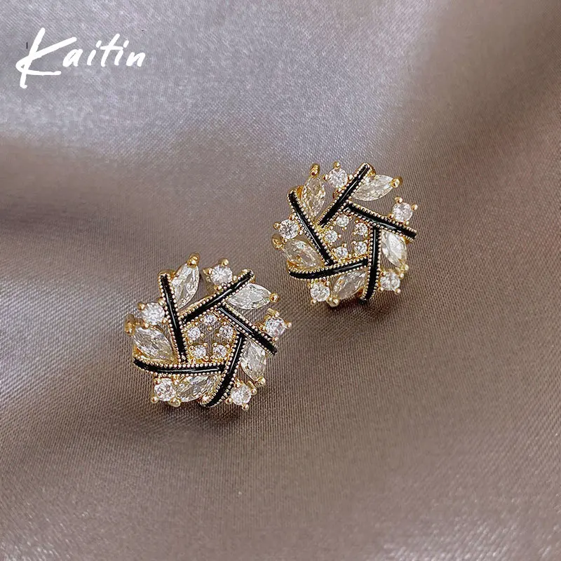 Rotating Diamond Flower Round Earrings for Women Korean Temperament High-end Fashion Stud Earring Luxury Designer Jewelry