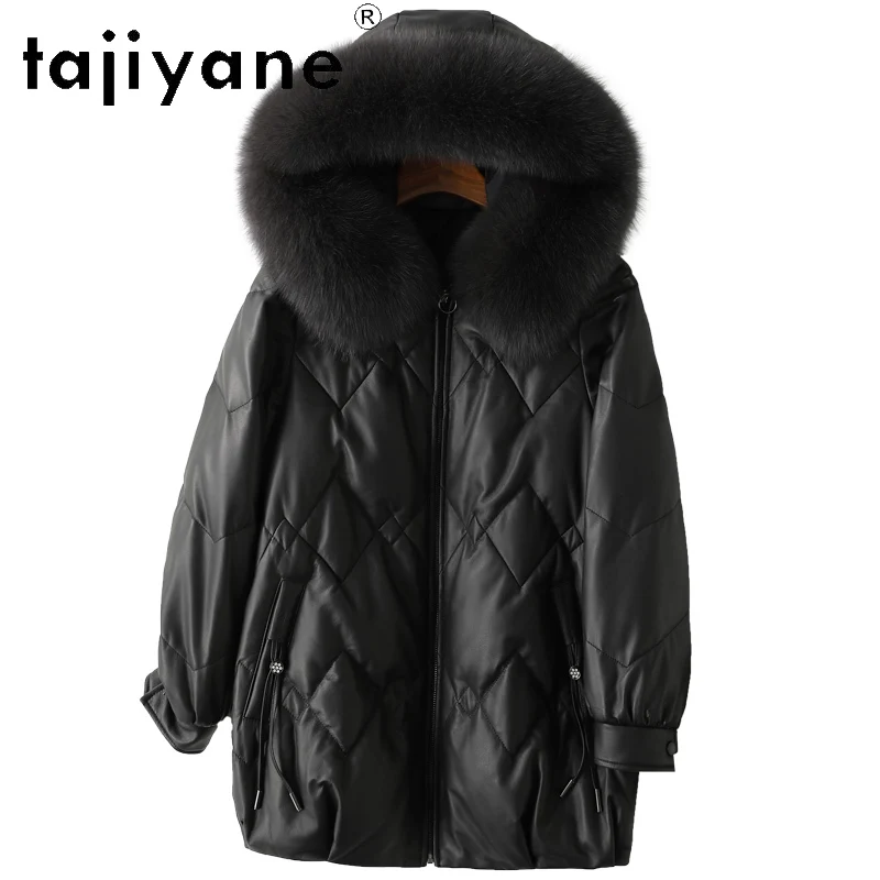 TAJIYANE 100% أعلى الحبوب جلد الغنم أوزة أسفل معطف أسود جلد حقيقي سترة منفوخة النساء مع الثعلب الفراء طوق 2025 الملابس الشتوية