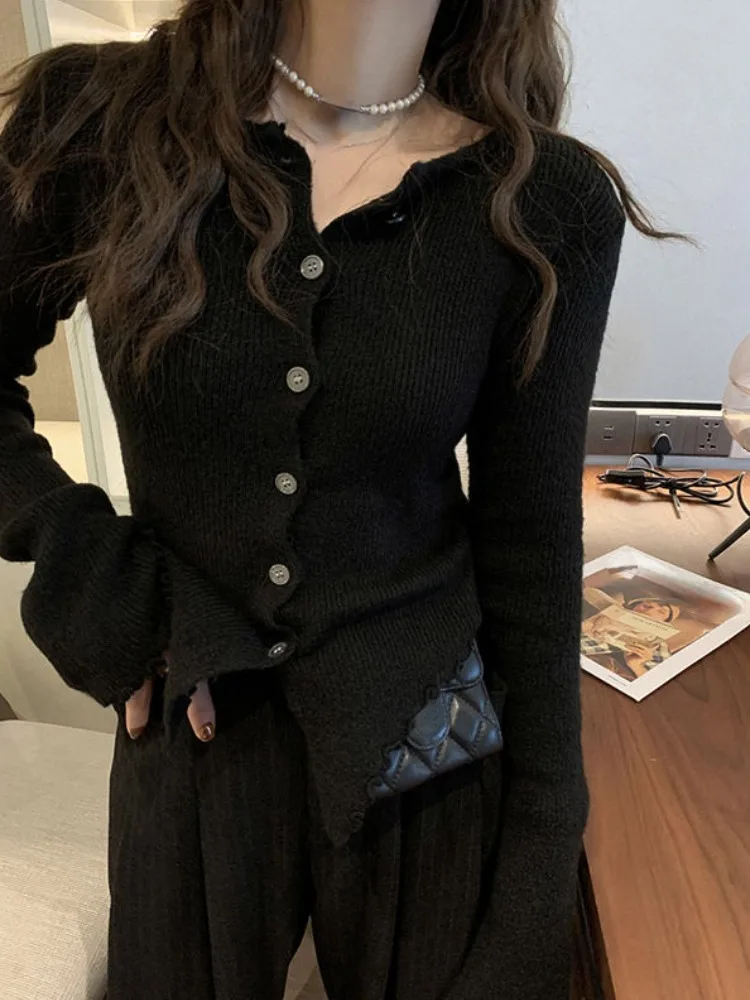 Sweet Sueter Mujer Women Cardigan O-neck Long Sleeve Tunic Temperament Pull Femme Ruffles Fashion Knitted Solid Irregular Tops