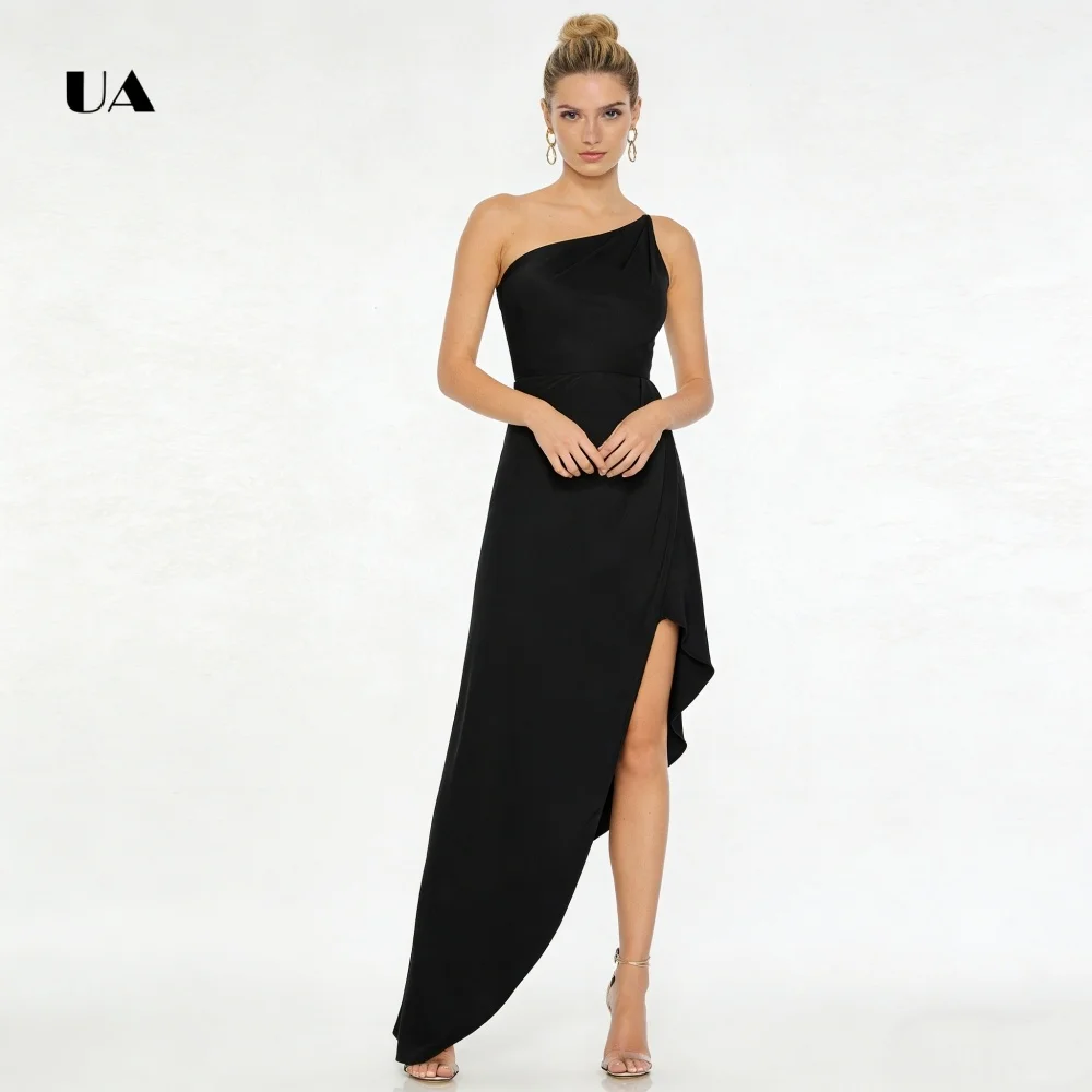 

ULBYANRY Simple Satin Prom Dress with Asymmetrical Collar and Hem, Solid Sleeveless Evening Dress, Draped Customized Party Gown