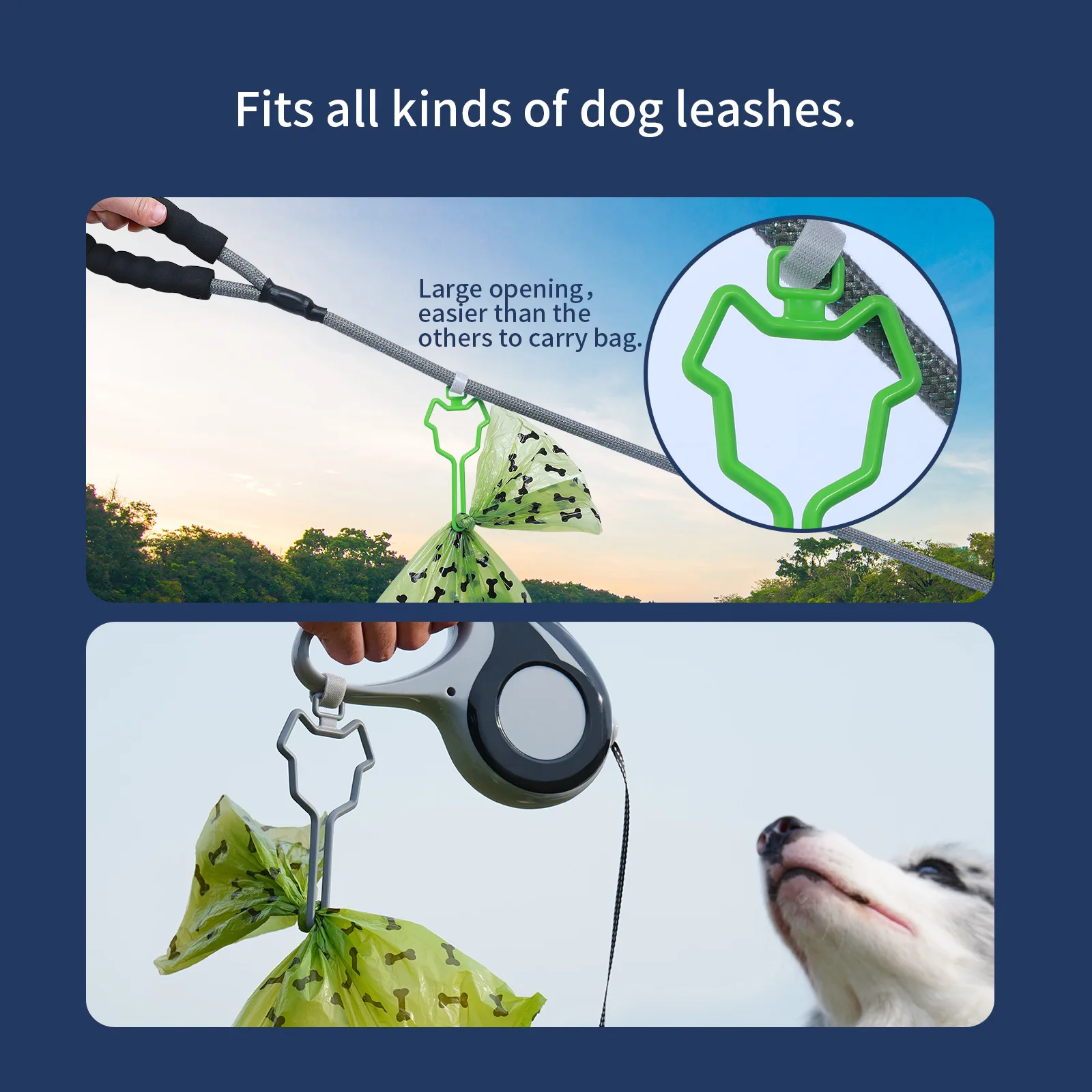 New pet waste bag dispenser with hands-free clip, extendable leash stake and dog traction rope allocator.