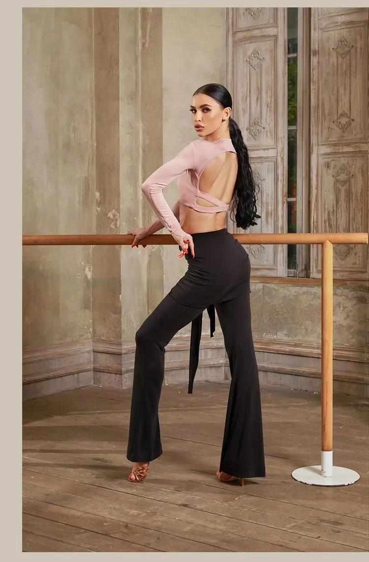 ZYM Latin Dance Top แขนยาว Mini Latin เต้นรําสวมใส่ V คอสีดําสีชมพูสีน้ําตาล ZYMdancestyle # 24066