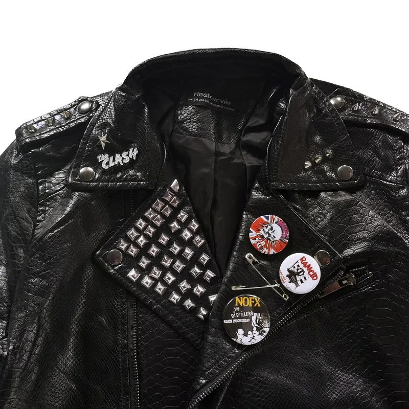 American Original Spring Punk Rock Leather Jacket Rivet Badge Crocodile Pattern Cable-stayed Locomotive Leather Jacket Women