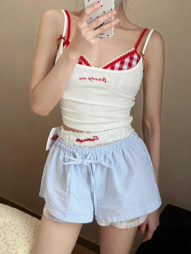 

Summer Sweet New Korean Suspender Vest Spicy Girl Slim Y2k Crop Tops Casual Fashion Camis Chic 2000s Outwear Lace Plaid Corset