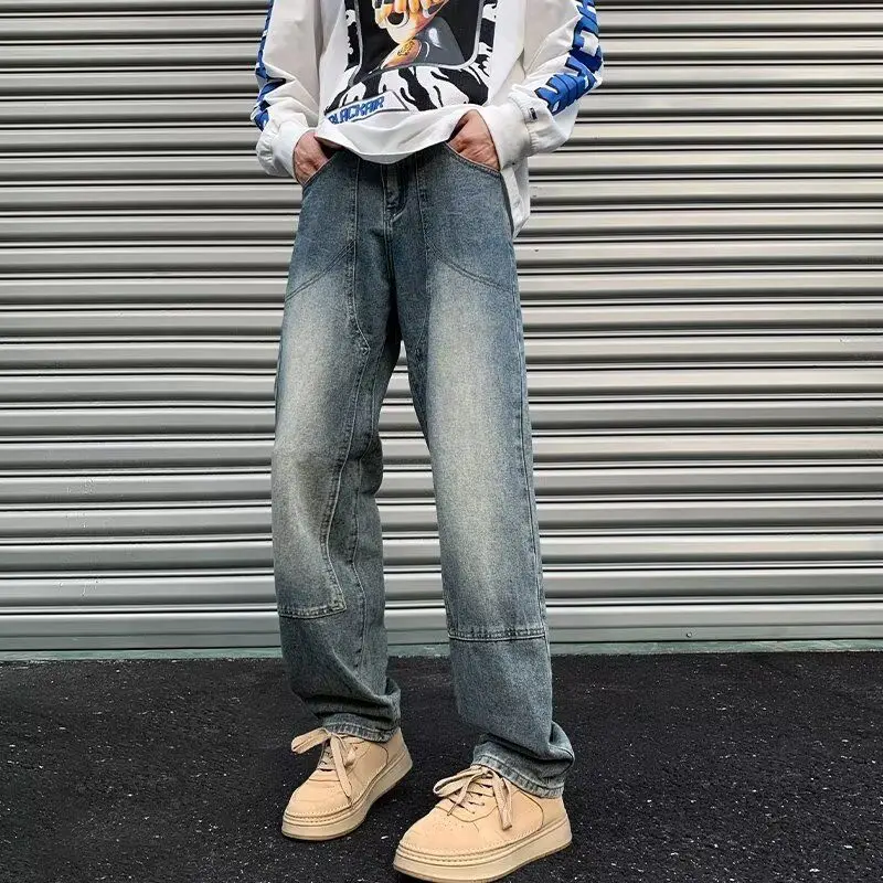 

Мужские джинсы с ретро-принтом в виде молнии, повседневные свободные джинсы прямого кроя, модные уличные брюки в стиле Харадзюку, на все сезоны