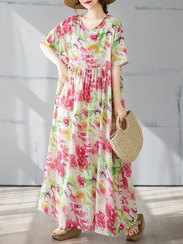 Amarelo floral impressão n longo dr verão novo plus size ort sve redondo ne impressão feminino dr algodão linho material