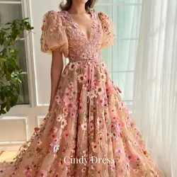 V-neck Pink Puff Sleeves A-line 3D Flowers Chubby Elegant Party Dresses Woman Evening Gala Prom Wedding Dress Customized Saudi