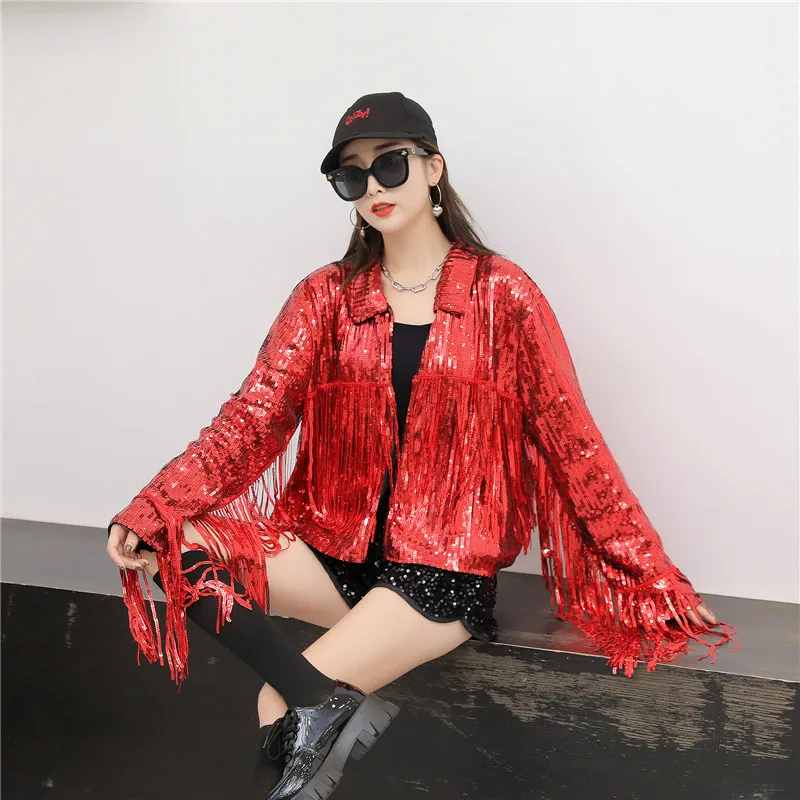 

Women's Tassel Sequin Jacket 2022 Autumn Winter Streewear Rock BF Retro Long-sleeved Silver Reflective Jacket Women Outwear Tops