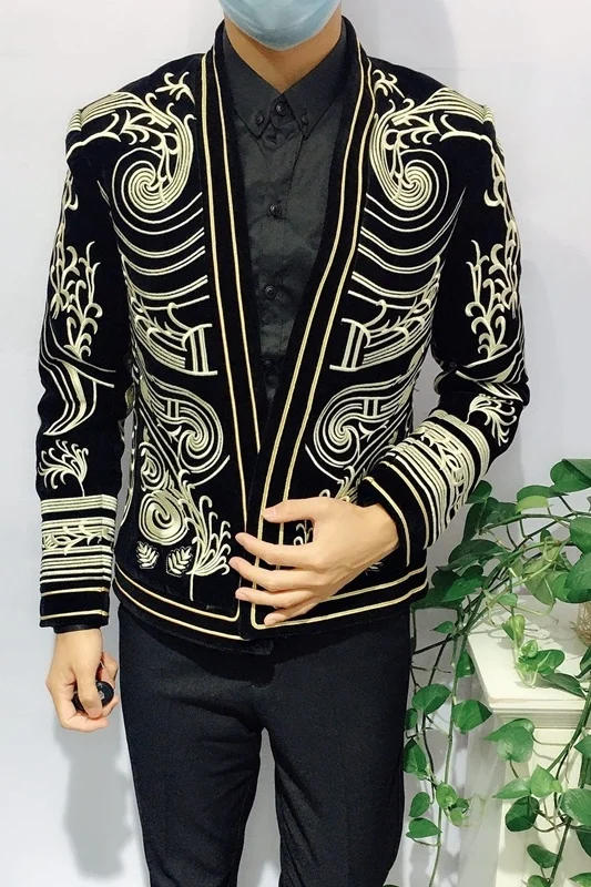 Hausen International Men\'s slim suit embroidered coat Chinese style Phoenix robe casual dress small suit trend