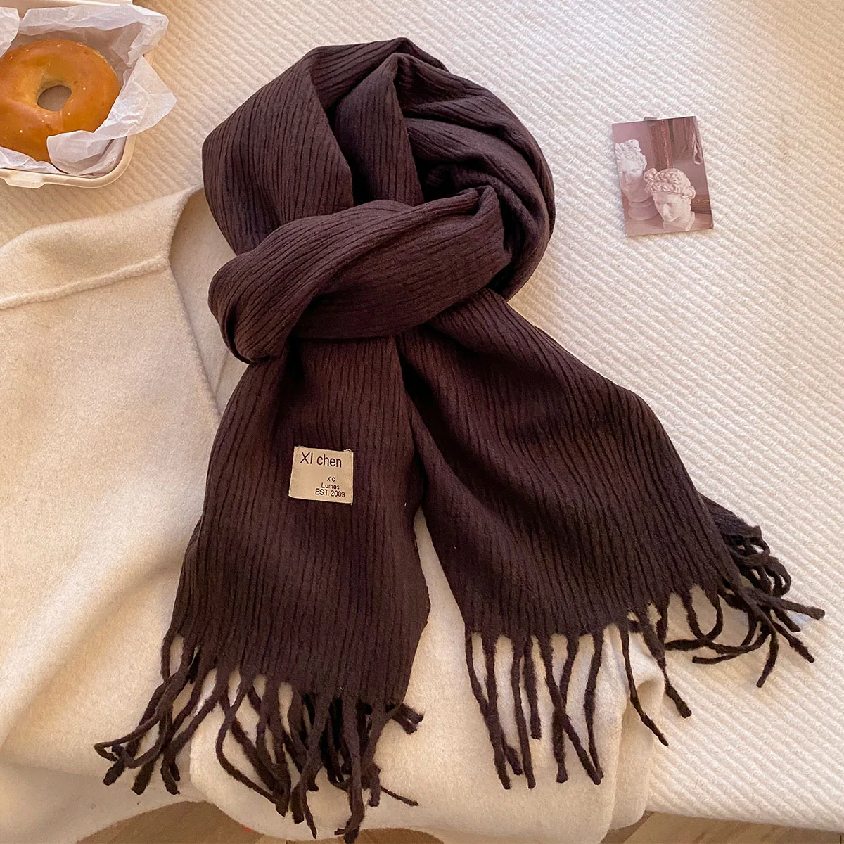 Stylish Solid Color Vertical Stripe Long Tassel Scarf For Women Soft Warm Thick Knit Shawl Versatile Winter Neck Wrap For Daily