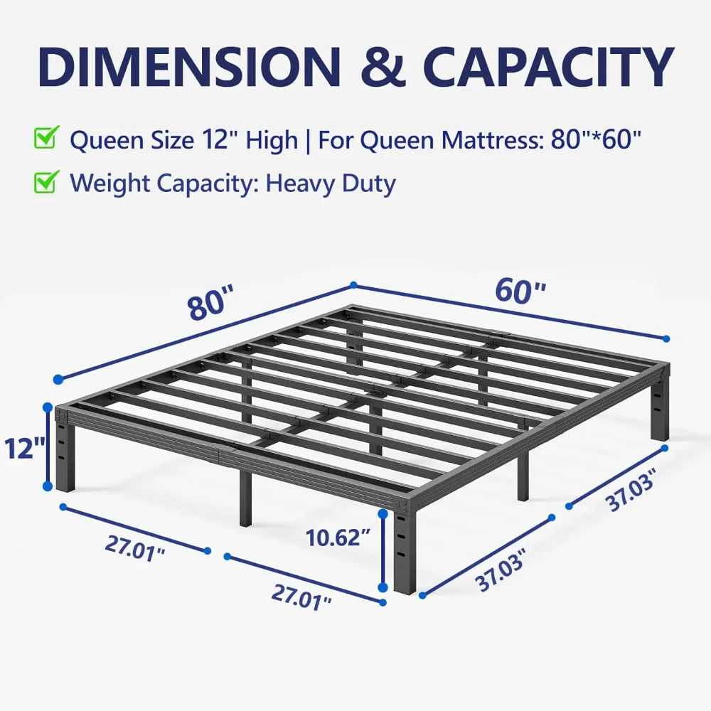 12 Inch High Metal Queen Bed Frame, Platform Bed Frame Queen Size No Box Spring Needed, Easy Assembly, Noise Free, Sturdy, Black