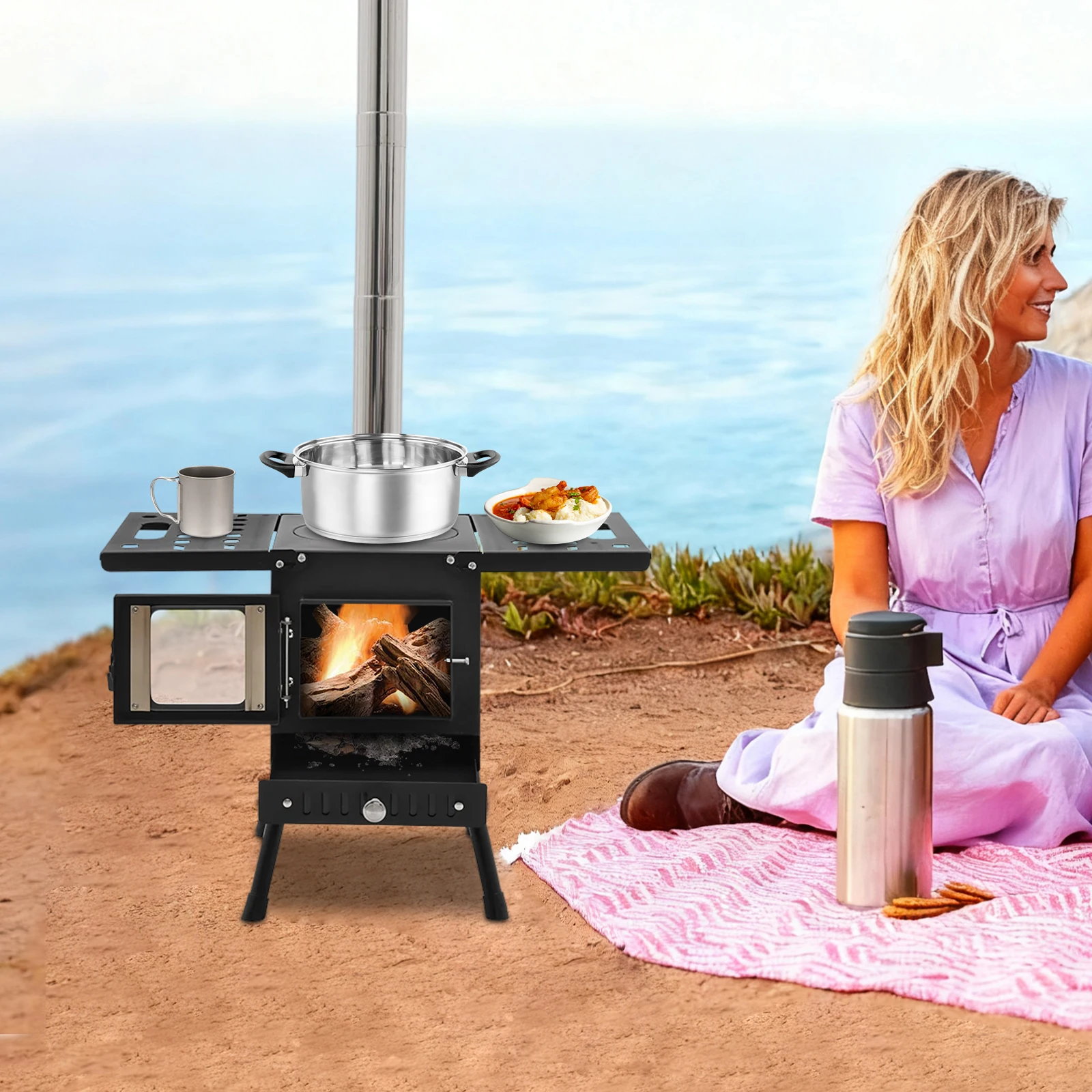 Estufa plegable portátil de acero al carbono de altura ajustable independiente moderna para acampar al aire libre negro