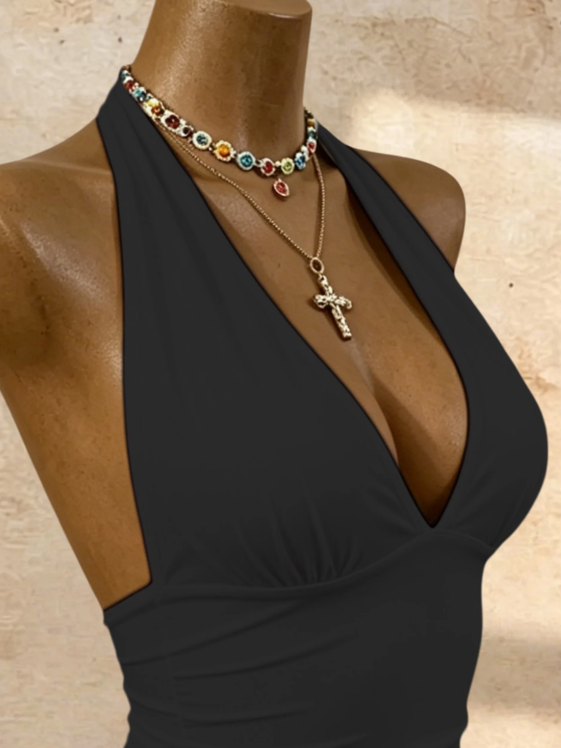 Damen Neckholder-Body mit tiefem V-Ausschnitt, gerafftem Design, schmaler Passform und hohem Beinausschnitt – Sommer 2026 Y2K Streetwear ärmelloses Tanktop – Detail 6