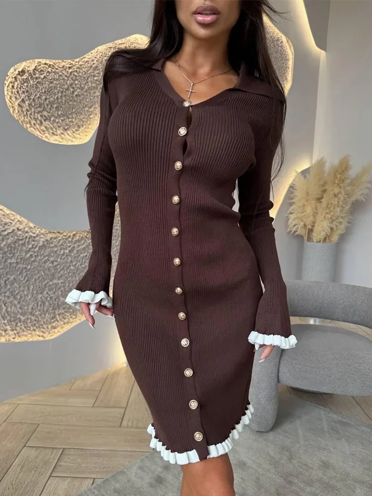 

2025 High Waist Knit Elegant Evening Dress Ruffle Knitted Dress Women's Autumn V Neck Patchwork Button Long Sleeve Dresses