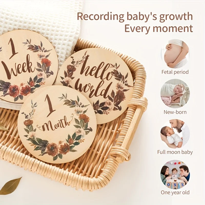 15PCS Floral Baby Monthly Milestone Cards Newborn Photography Props to Document Your Baby´s Growth Wooden Circles/Discs