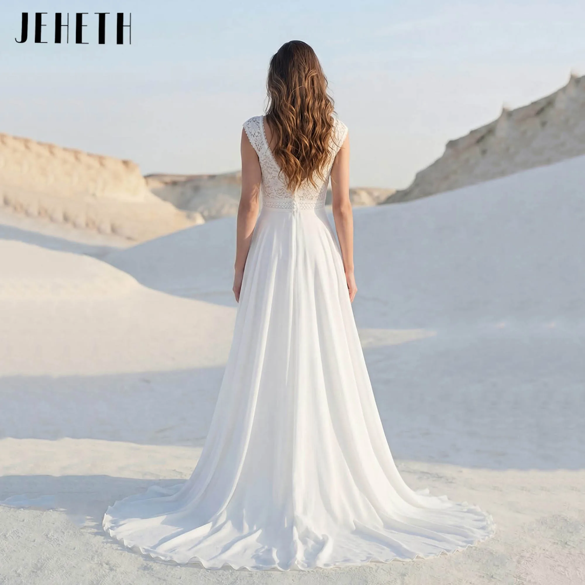 JEHETH Bohemian Lace Wedding Dress Deep V-neck Chiffon A-line Lightweight Bride Gown V-back Sleeveless robe de mariée Customized