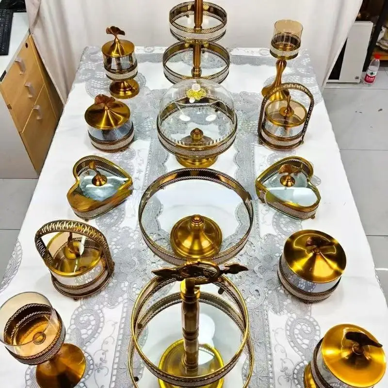 

t Luxury 14PCS Premium Crystal Glass Wedding Tableware Set European-style Fruit Tray Storage Jar Assembly Candy Bar Buffet Set