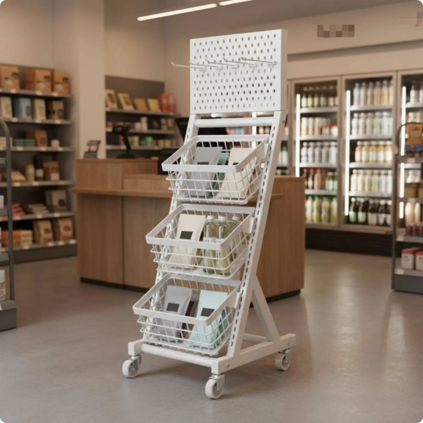 

Snack Display Stand Angled Baskets Rolling Display Rack Rolling Retail Shelf Heavy-Duty Grocery Basket Rack Space-Saving