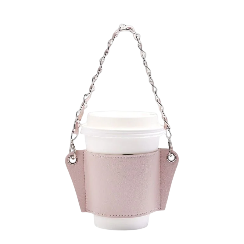 Portable PU Milk Coffee Cup Protective Cover, Metal Leather Braided Chain, Fashion Water Bottle Carry Holder