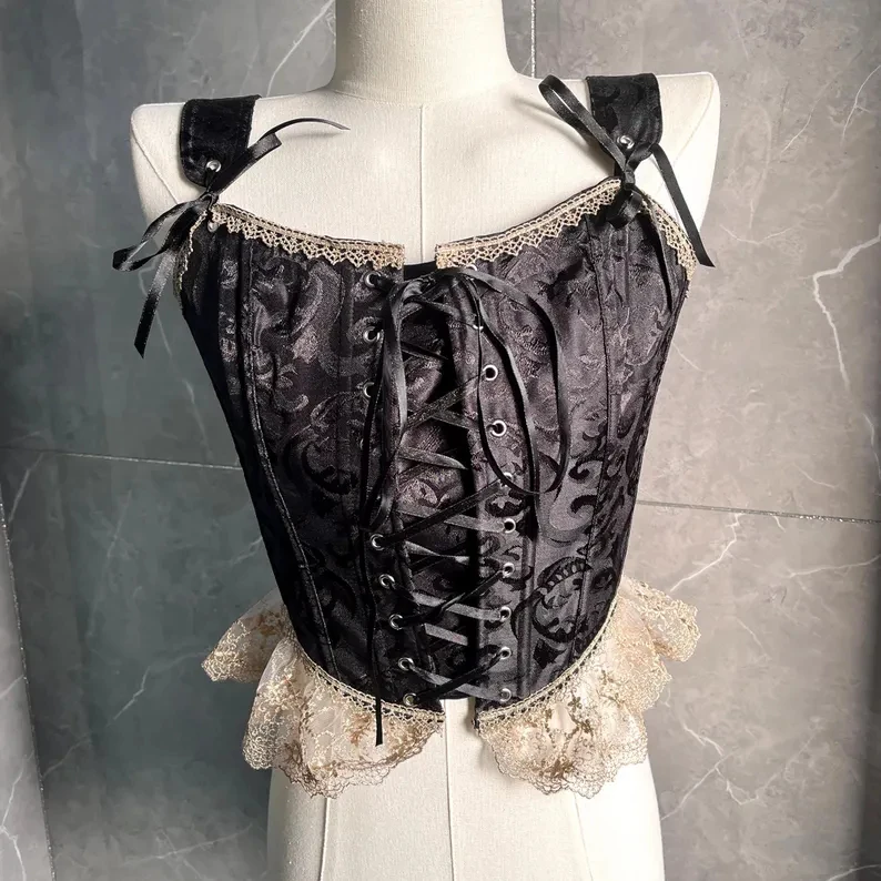 

Retro jacquard fashion exquisite versatile black corset classic court style retro French elegant gold lace hem corset