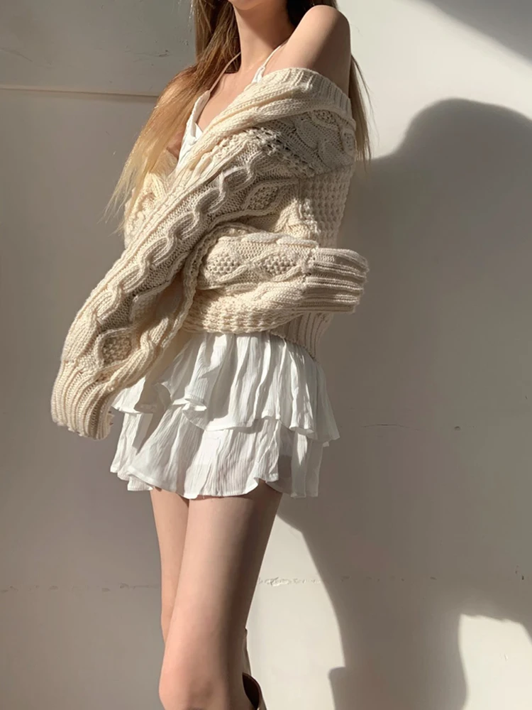 

White Skirt Chic French Cake Layered Cute Hemline High Waist Elastic Double Pleated Waist Slimming Mini Skirt Korean Style Y2k