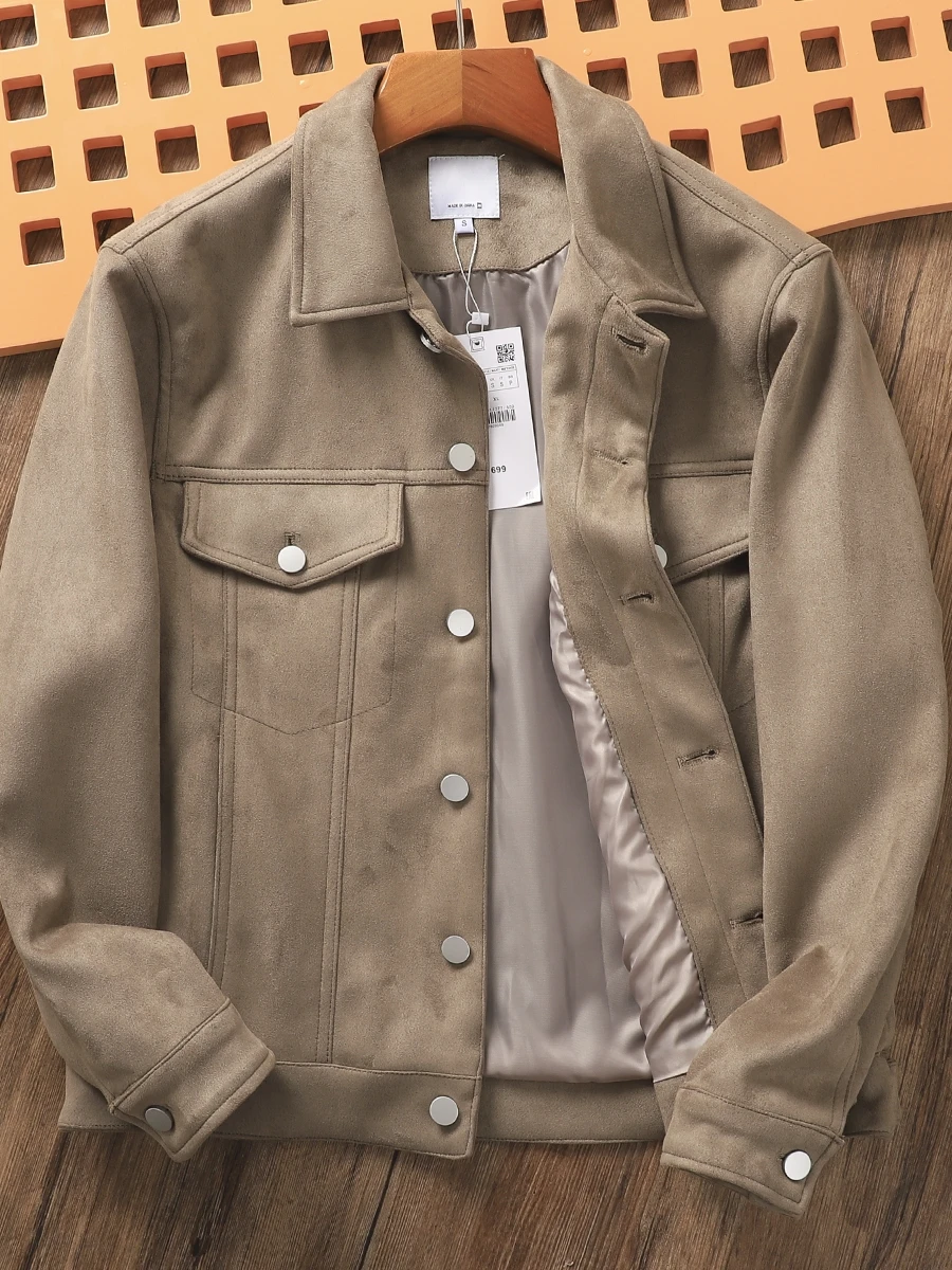 Ultra-Soft High-End Suede Men's Faion Collared Slim Fit Workwear Jaet Jacket ฤดูใบไม้ผลิฤดูใบไม้ร่วง DongjiU Pure Color ปุ่ม u...