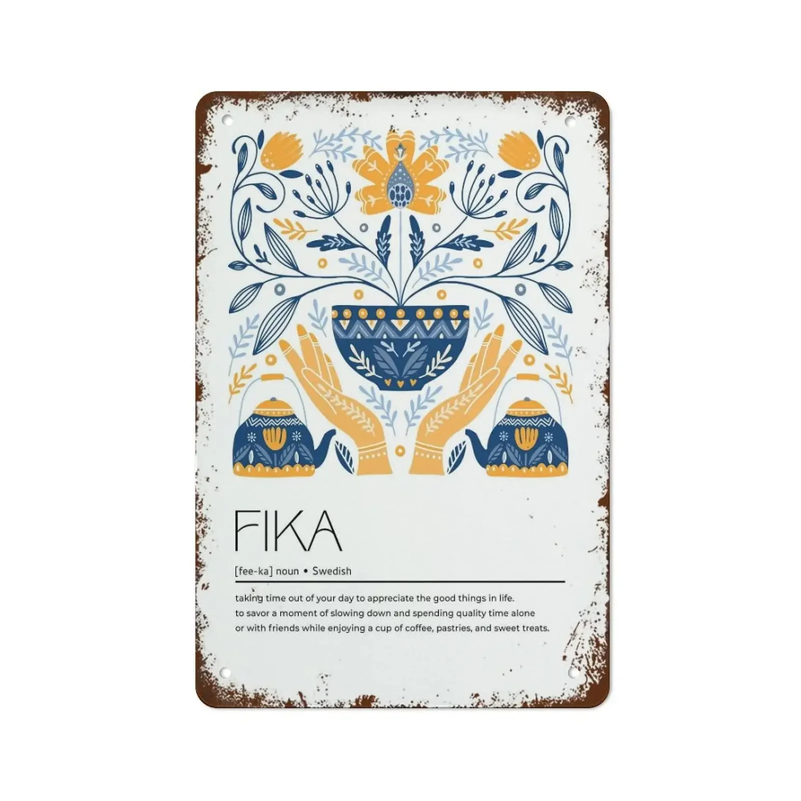 NAMEY Fika Definition, Scandi Style Folk Art Print, Nordic Decor, Swedish Word Home Decor Metal Signs Tin Sign Vintage Wall Funn