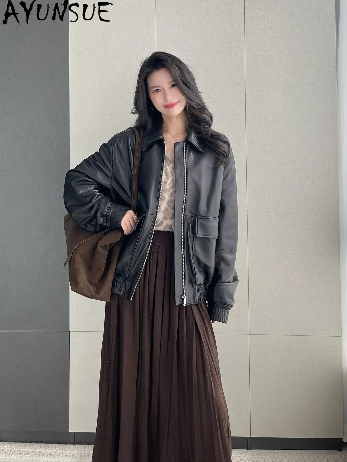 AYUNSUE 100% Sheepskin Real Leather Jacket Woman Spring Autumn Clothing Vintage Black Womens Coats Loose Fit Casaco Feminino