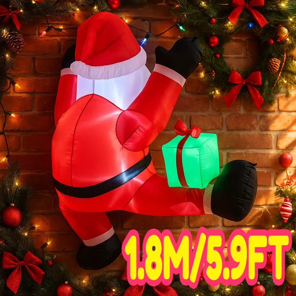 1.8M/5.9FT Inflatable Santa Claus Climbing with Gift Lights LED Home Decor Yard Xmas Supplies Christmas Holiday Lighting Decor
