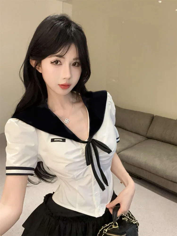 

College Style Frock Skirt Suit Women's Shirt with Bow Tie Waist Inflated Cake Pants Korean Version Short Sleeve Set