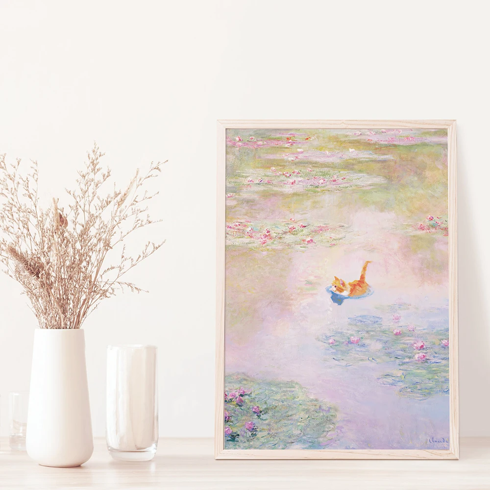 Claude Monet Water Lily Pond Cat Funny Posters Orange Cat Floral Prints Vintage Canvas Painting Wall Art Home Decor No Frame