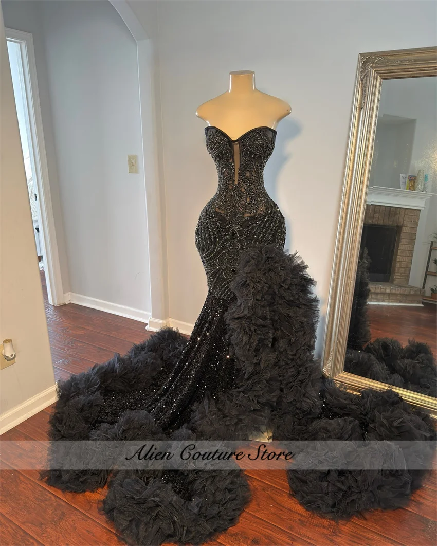Glitter Black Mermaid Prom Dress 2025 Crystal Rhinestones Gems Bead Sequins Ruffle Birthday Party Evening Gown Customized