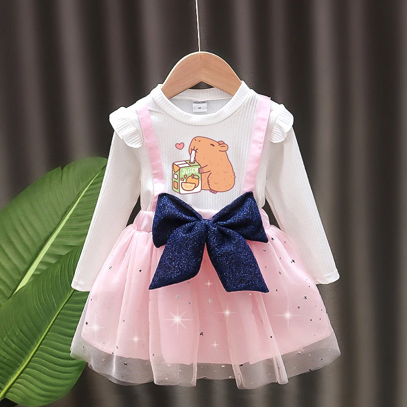 Цельные платья Capybara для девочек, детское платье на бретелях с длинными рукавами и принтом аниме, весенне-осенняя детская одежда с героями мультфильмов, подарок