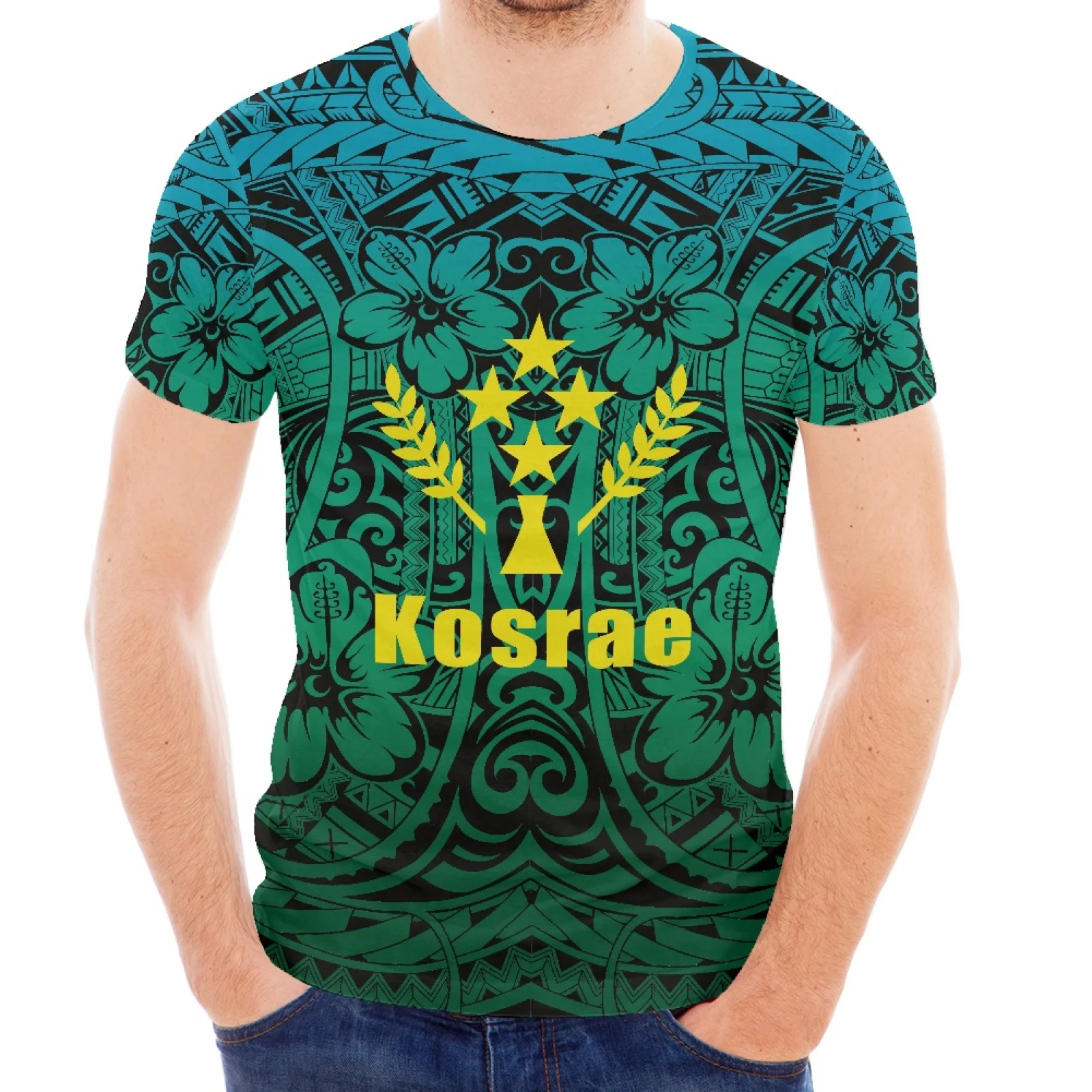 Men's Summer Thin Wear Kosrae Standard Flag Personality Print Round Neck Short Sleeve T-Shirt 2022 Trend Fashion Streetwear