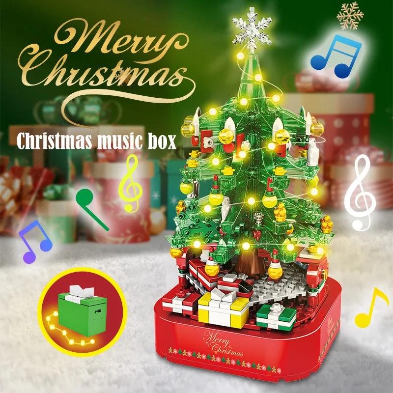 Rotating Christmas Tree Music Box Assembled Building Blocks LED Light Merry Xmas Bricks Gift for Children Kid Girl Boys