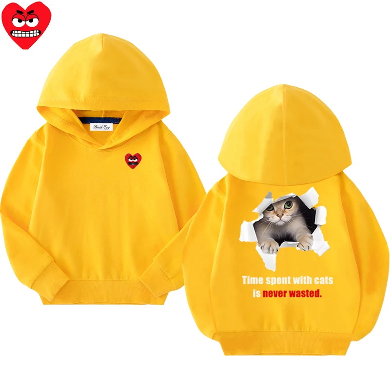 Broken Paper Pet Cat Printing Boy Girl Hoodie Cotton Cute Red Snag Heart Embroidery Thin Pullover Loose Autumn Kid Casual Hoody