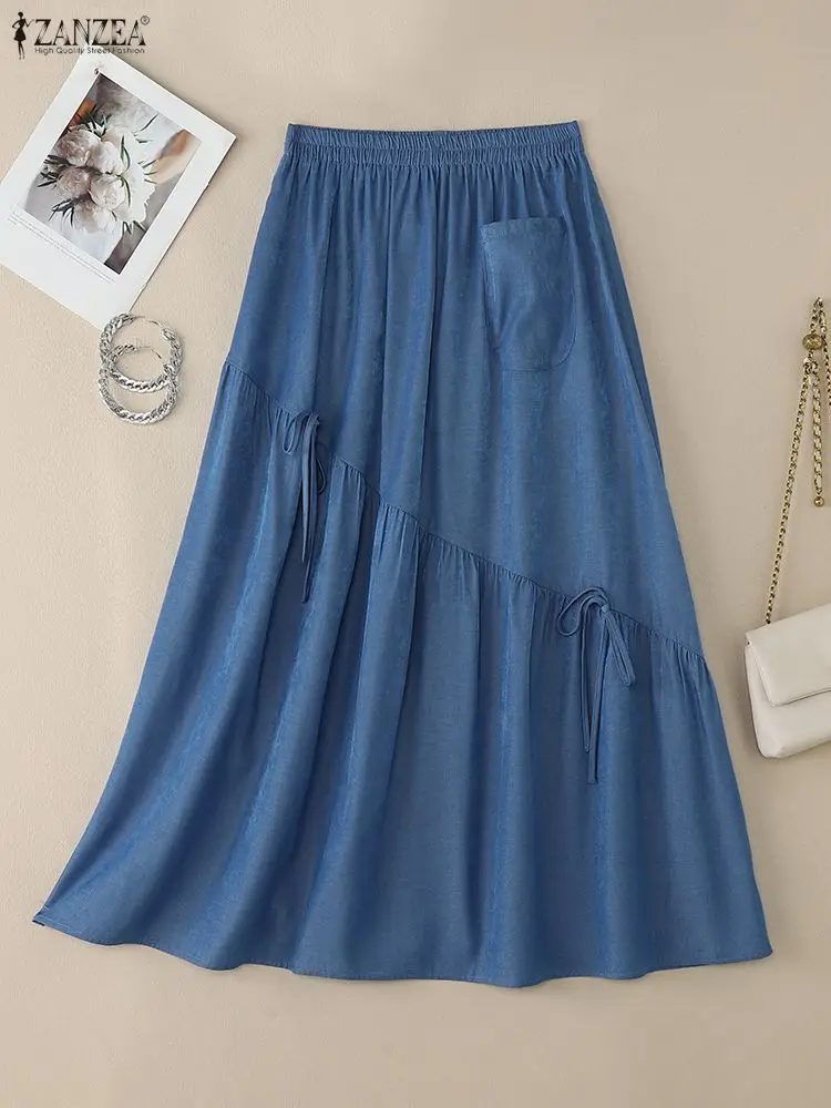 

2025 ZANZEA Autumn Fake Denim Blue Skirt Women Jupe Casual Elastic Waist Solid Skirts Elegant A-line OL Work Faldas Saia Robe