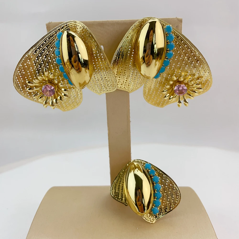 مجموعة مجوهرات الأزياء النسائية من EMMA، زوج من قلادة وأقراط برازيلية مطلية بالذهب لمجموعة هدايا إكسسوارات الحفلات