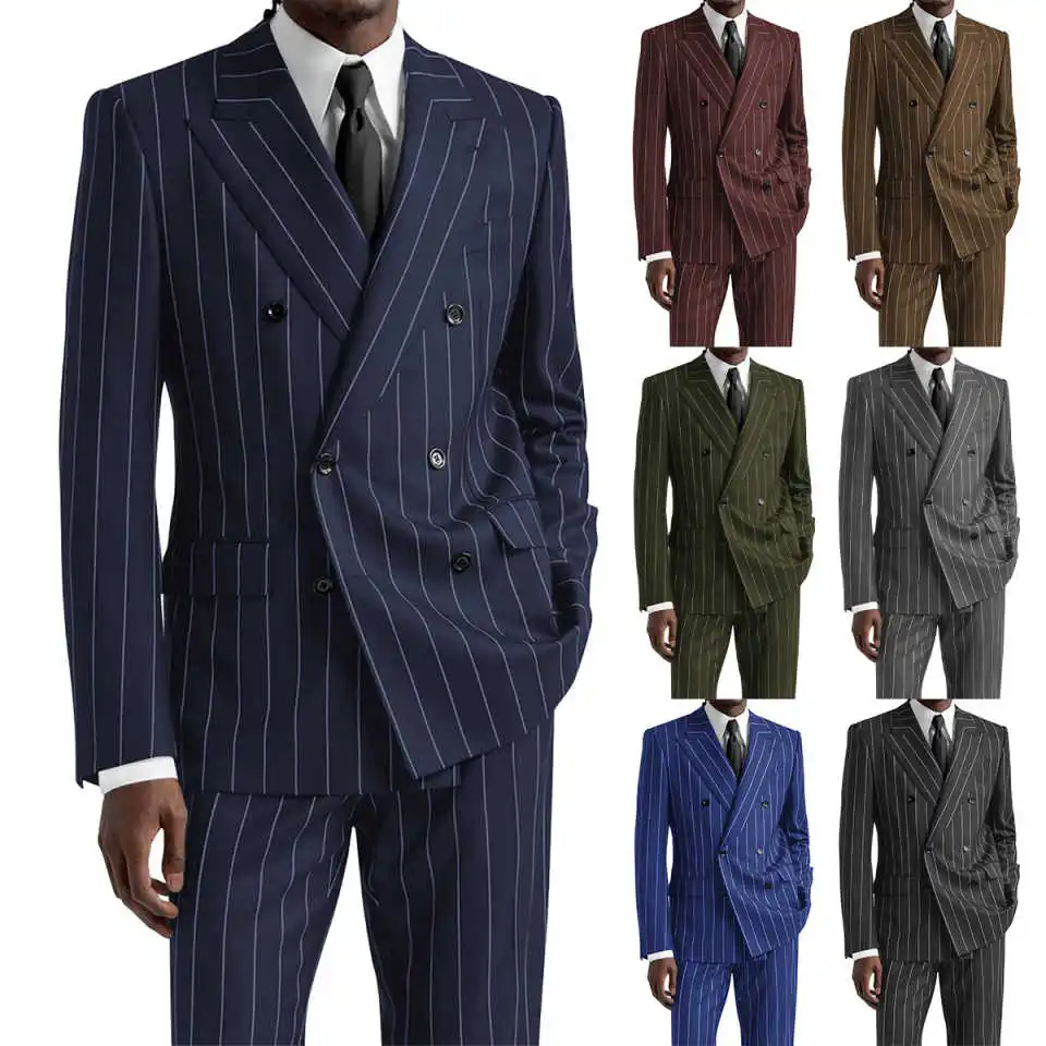 

Men's Suit 2 Piece Striped Double Breasted Wedding Peak Lapel Slim Fit Groom Formal Business Suits Customized Ropa Hombre