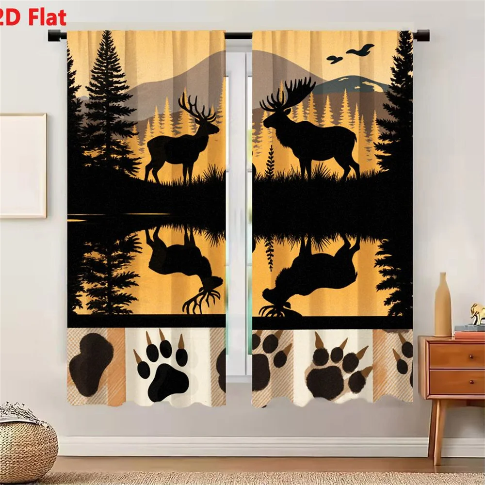 2Pcs Curtains 2D Flat Stylized Black And Orange Nature Landscape Illustration With Deer Elk Rabbit Silhouettes Water Reflection
