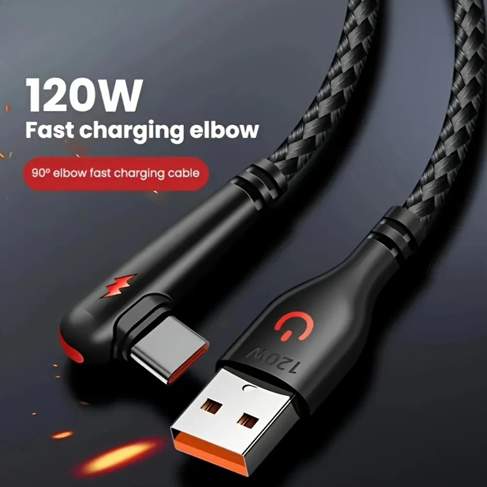 1-3PCS 120W High Speed Charging Cable Nylon Braided USB To Type C with 90 Degree Bend Design for Huawei OPPO Samsung Phones