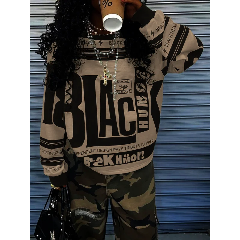 Damen Retro Sport Trend Stil Damen Langarm Sweatshirt Buchstaben Positionierung Druck Lose Pullover