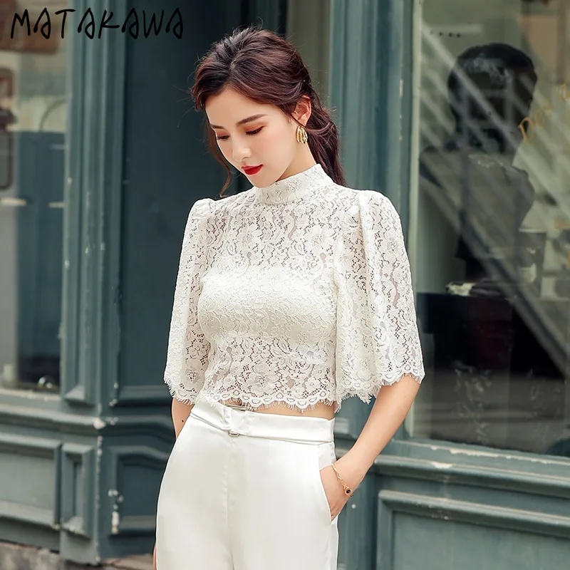 

Matakawa Lace White Shirts&blouses Women Tops Half High Collar Solid Spring Summer Blusas Mujer Elegant Retro Sweet Camisas