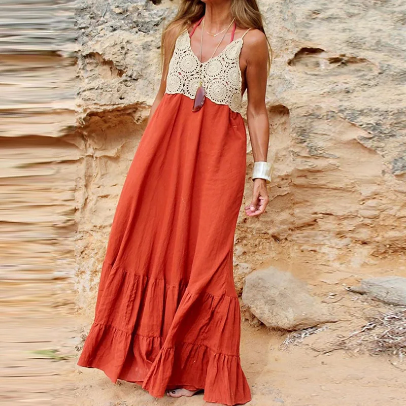 

Sexy Sleeveless High Waist Pleated Bohemian Dress 2023 New Ladies V-neck Lace Patchwork Long Dresses Summer Seaside Beach Dress