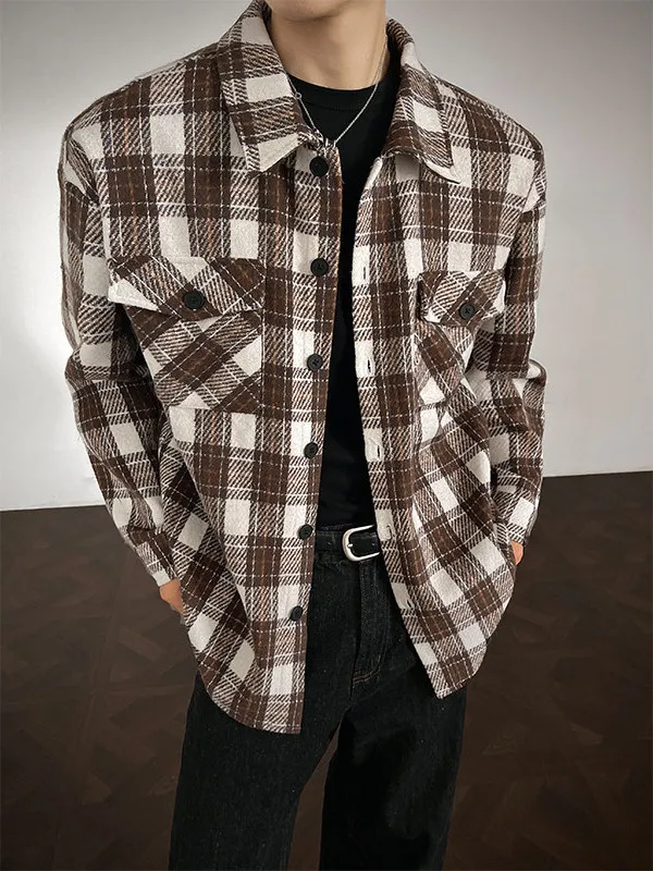 

Мужское фланелевое пальто в клетку, плотное, 360 г, свободного кроя, с длинными рукавами, в японском стиле, из переработанного полиэстера и хлопка