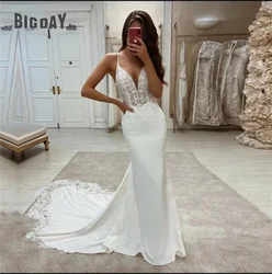 Vestido De Novia De sirena De encaje con cuello en V, elegante vestido De Novia blanco con tirantes finos, Simple, tren De barrido, espalda abierta, 2024