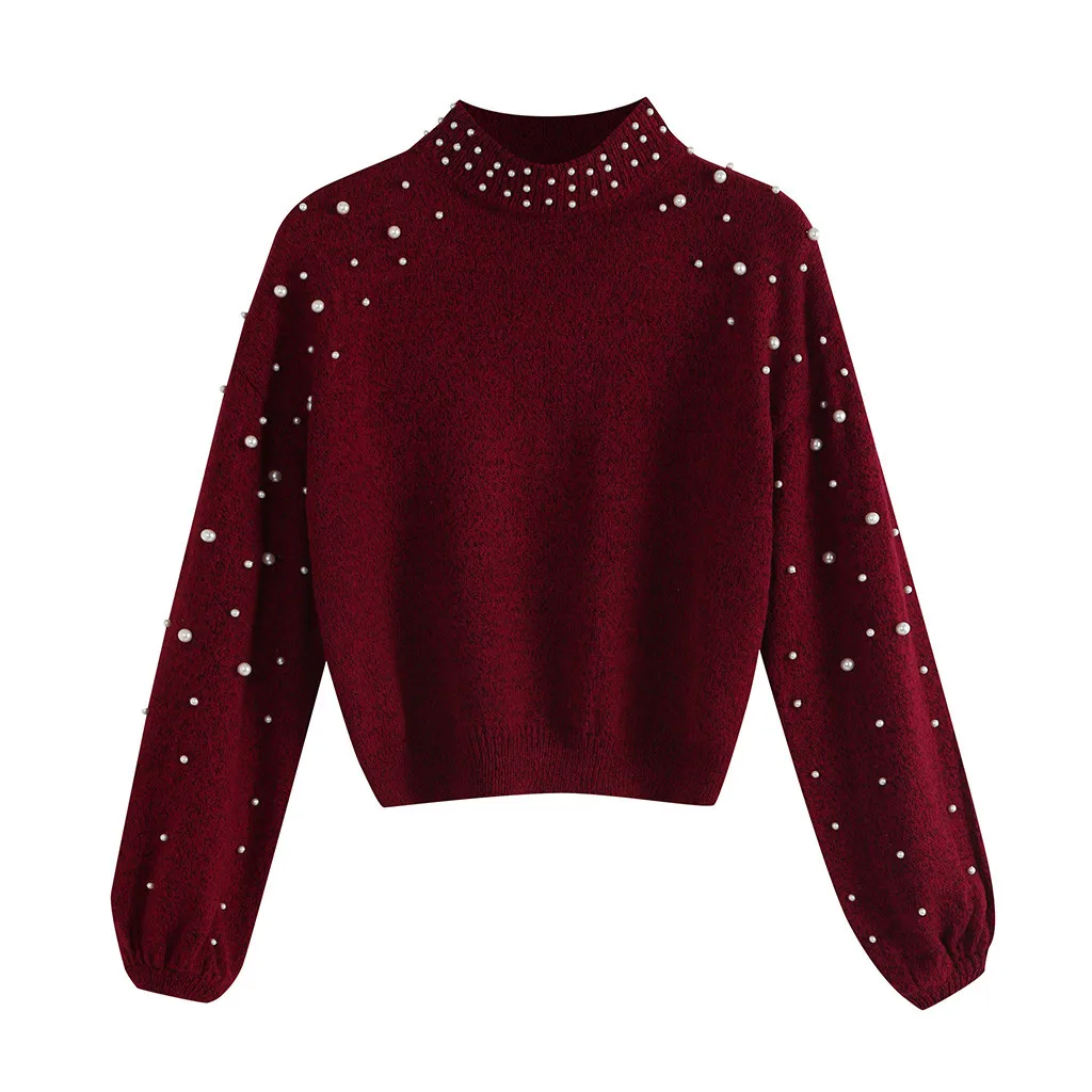 2024 Women Sweater Autumn Winter Solid Round Neck Long Sleeve Pearl Knitted Sweater Pullover Knitted Women Tops