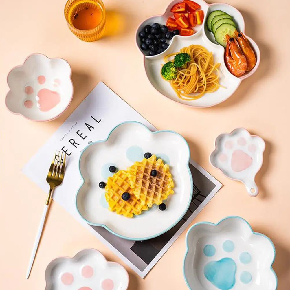 Ceramic Sub-Grid Plate Cat Paw Shape All-in-One Divided Food Storage Tray for Family Office School Restaurant Lunch Snack Fruit