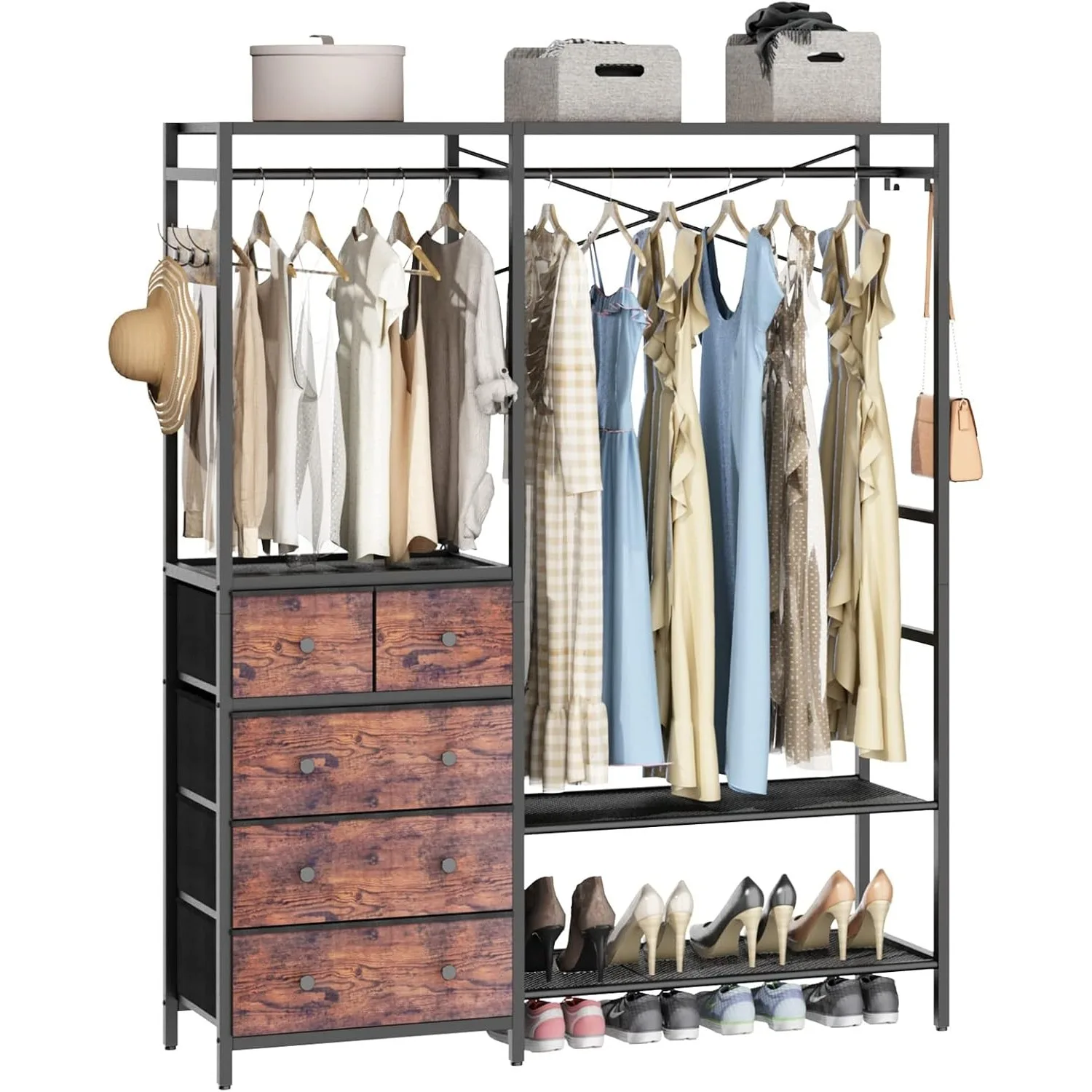 Freestanding Clothes Rack with 5 Drawers & 4 Storage Shelves,2 Hanging Rods | 59.1
